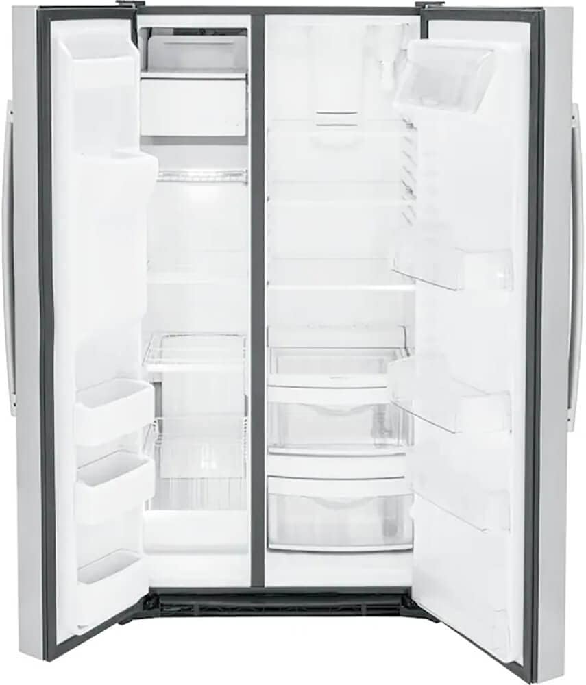 Internal photo of GE refrigerators open and empty