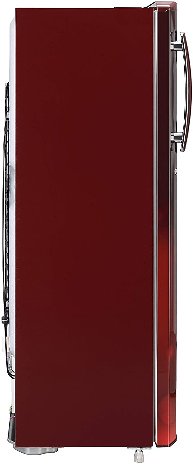A side by side red LG refrigerator picture