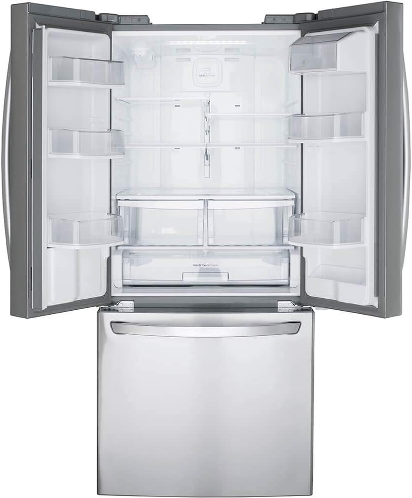An empty 68-inch refrigerator with the top partially open