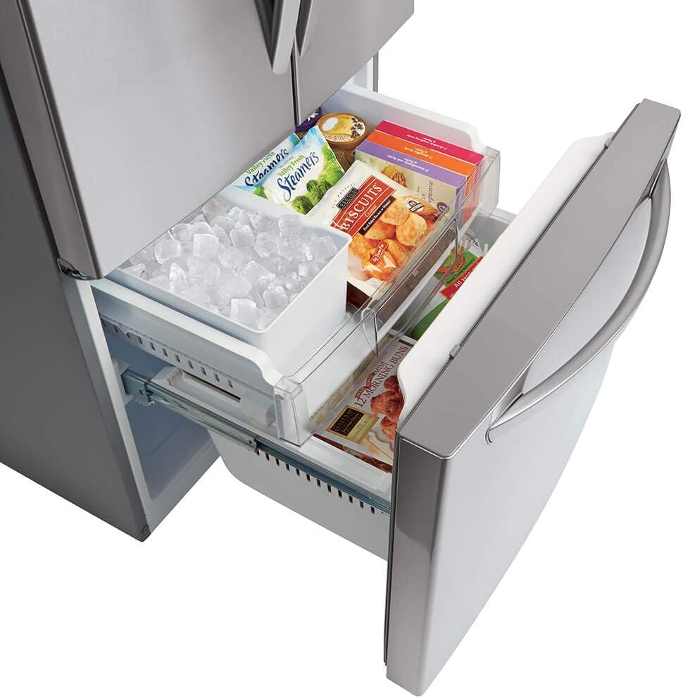 A lower partially open full 68-inch refrigerator