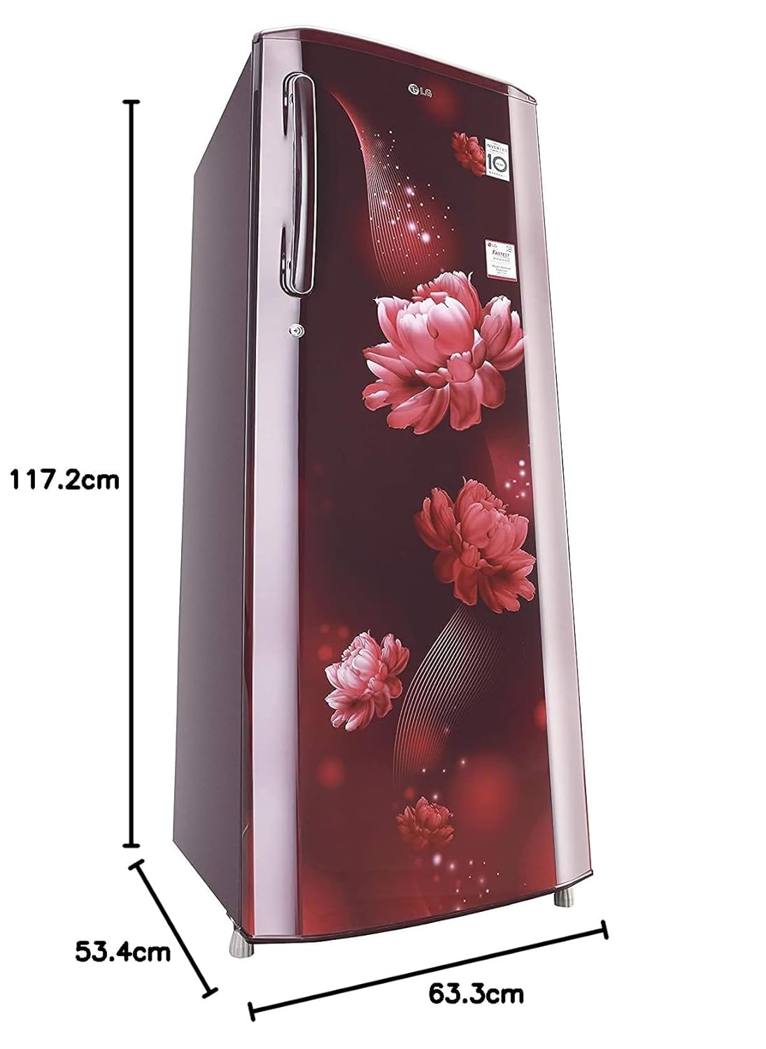 A red LG refrigerator diagram with dimensions