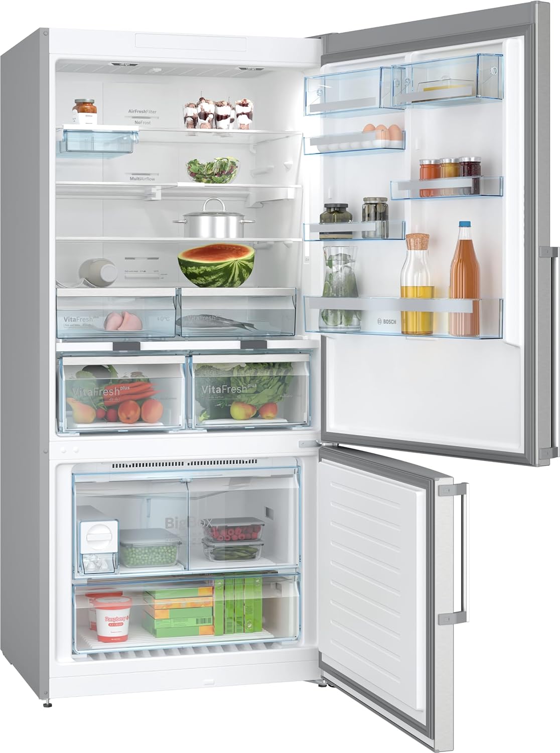 A refrigerator with the top and bottom part fully open