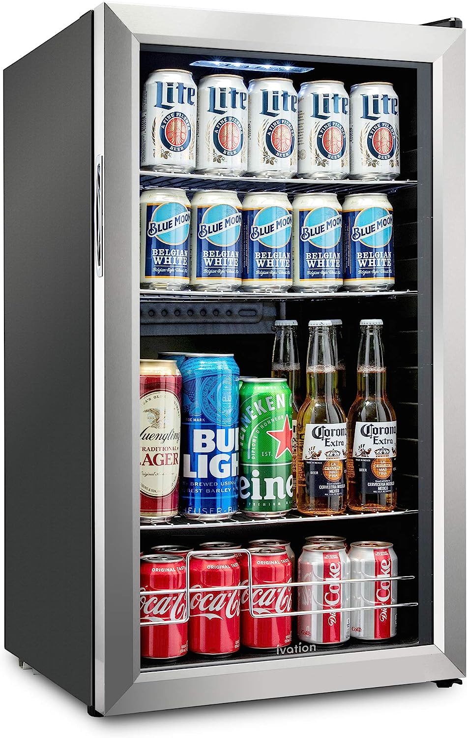 A refrigerator with drinks inside